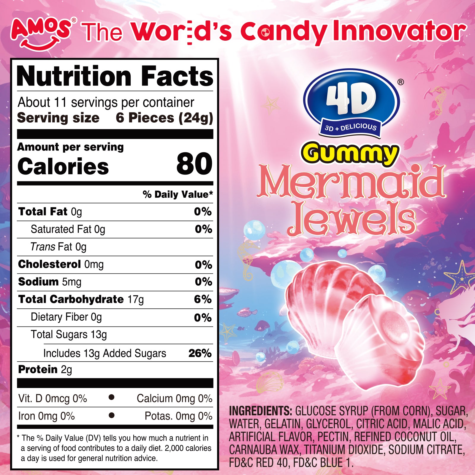 Amos 4D Mermaid Jewels Gummy Candy - pink - 255g/bag