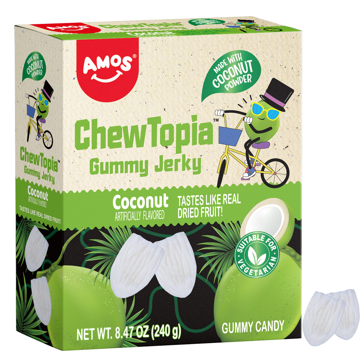 Amos Coconut Gummy Jerky ChewTopia – Vegan – 8.47oz/Pack