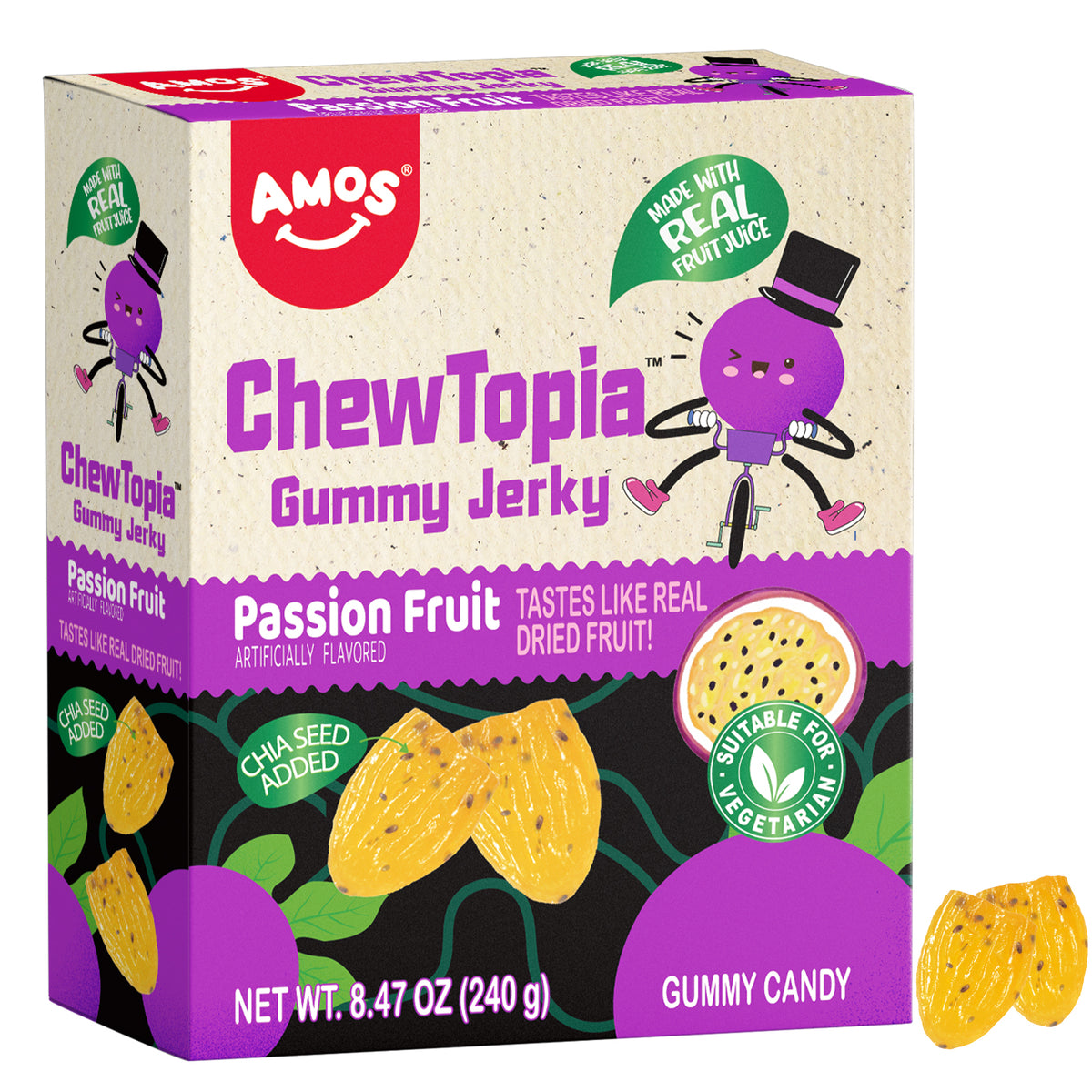 Amos Passion Fruit Gummy Jerky ChewTopia – Vegan – 8.47oz/Pack